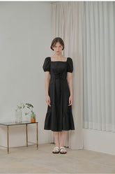 Off-Shoulder Cotton Poplin Midi Dress with Puff Sleeves and Flared Hem Detail